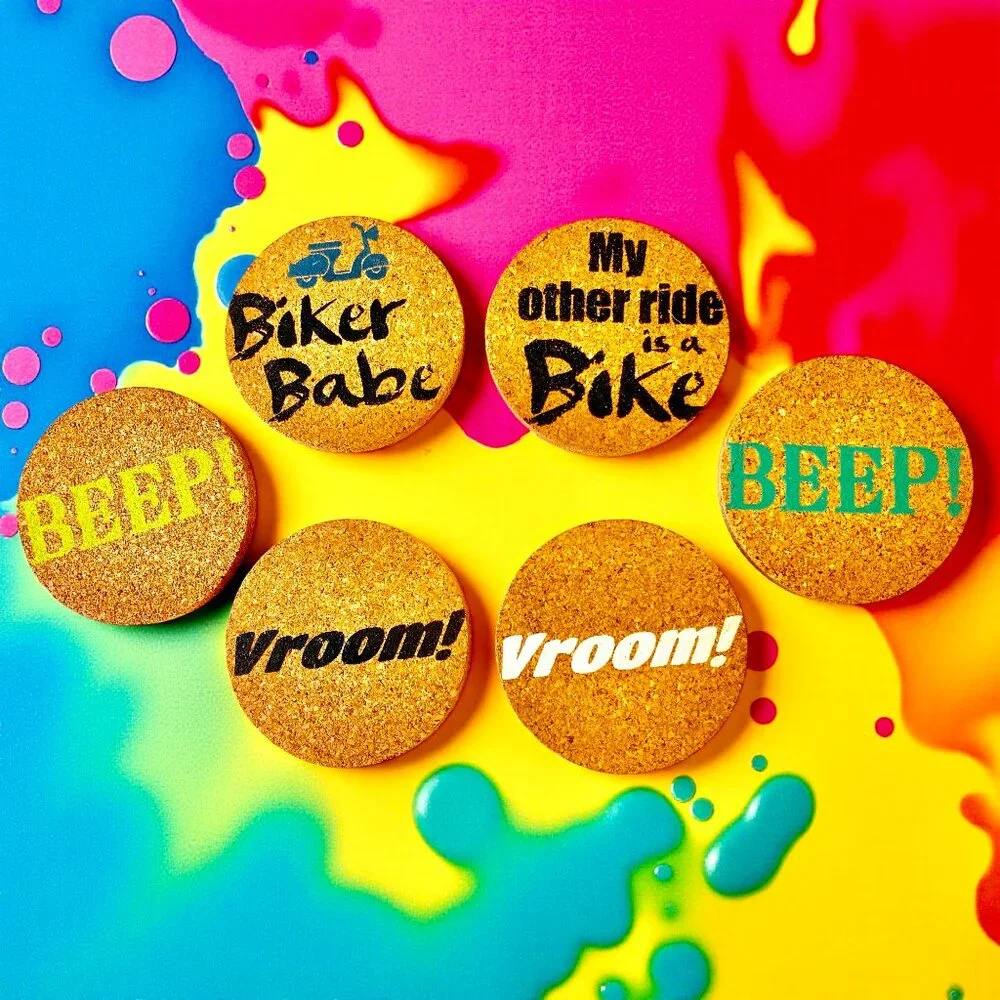 Cypress Home Absorbent Cork Car 6 Coasters Biker Babe Vroom! Peep! NEW